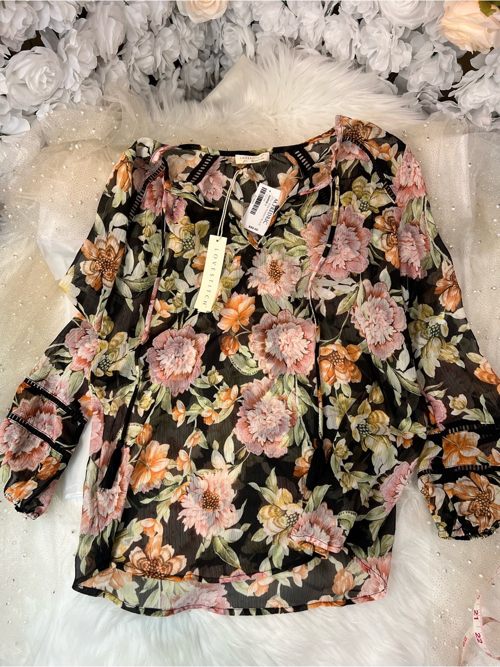 lovestitch Black Floral Peasant Blouse with Pink & Orange Blooms